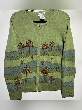 Northstyle Green Cardigan with Rolling Hills and Trees